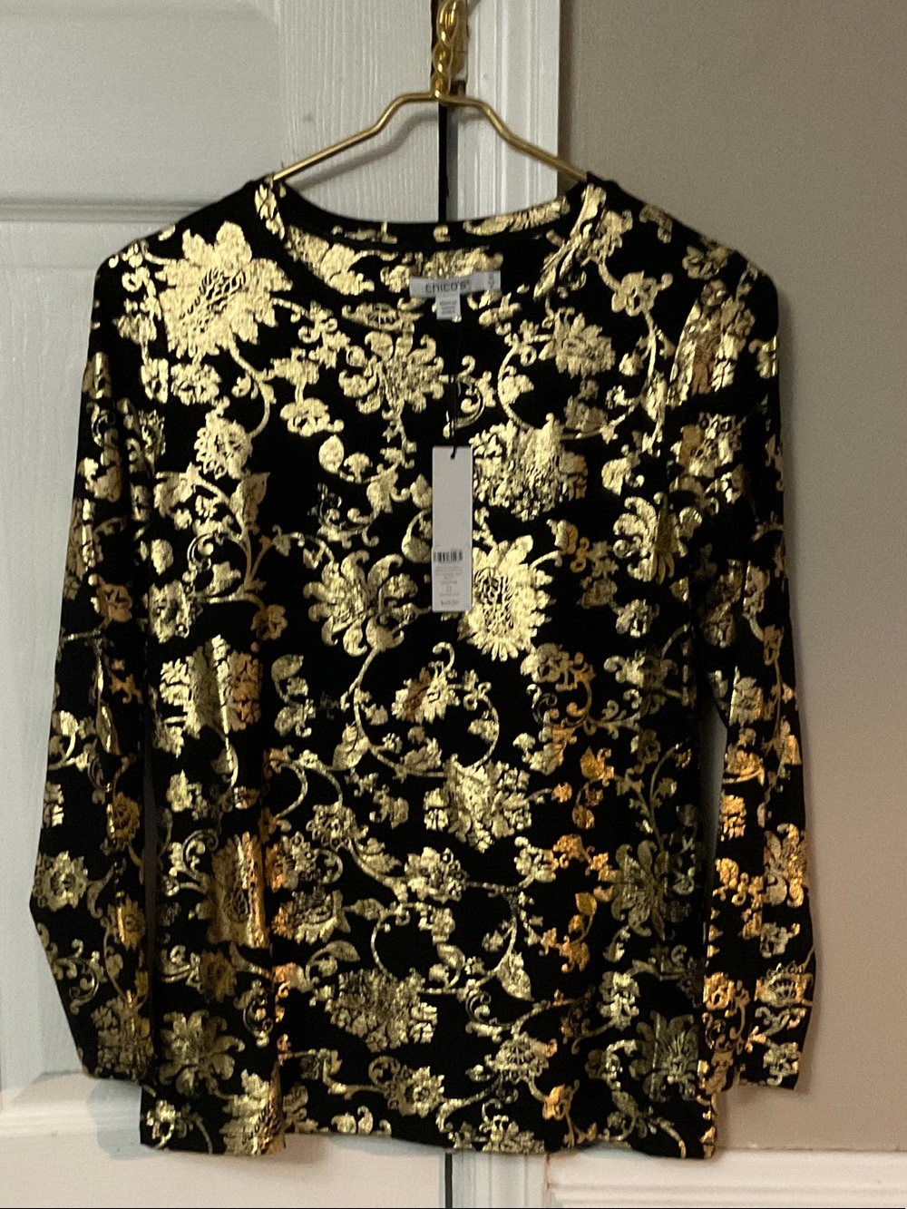Chico's Black Long-Sleeve Top with Gold Floral Foil